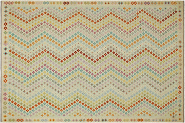 Flat Weave Kilim, Antique, Navaho, Vintage, Handmade, Modern Kilim Blue Beige Hand-Woven Rectangle 100% Wool Area Rug 9 x 11